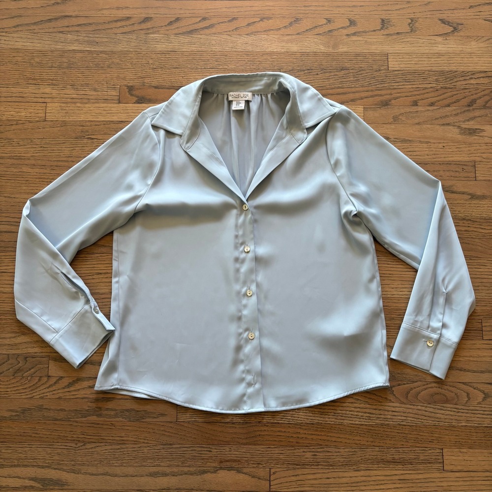 Rachel Zoe Light Blue Satin Button Front Blouse Long Sleeve Top Womens Medium